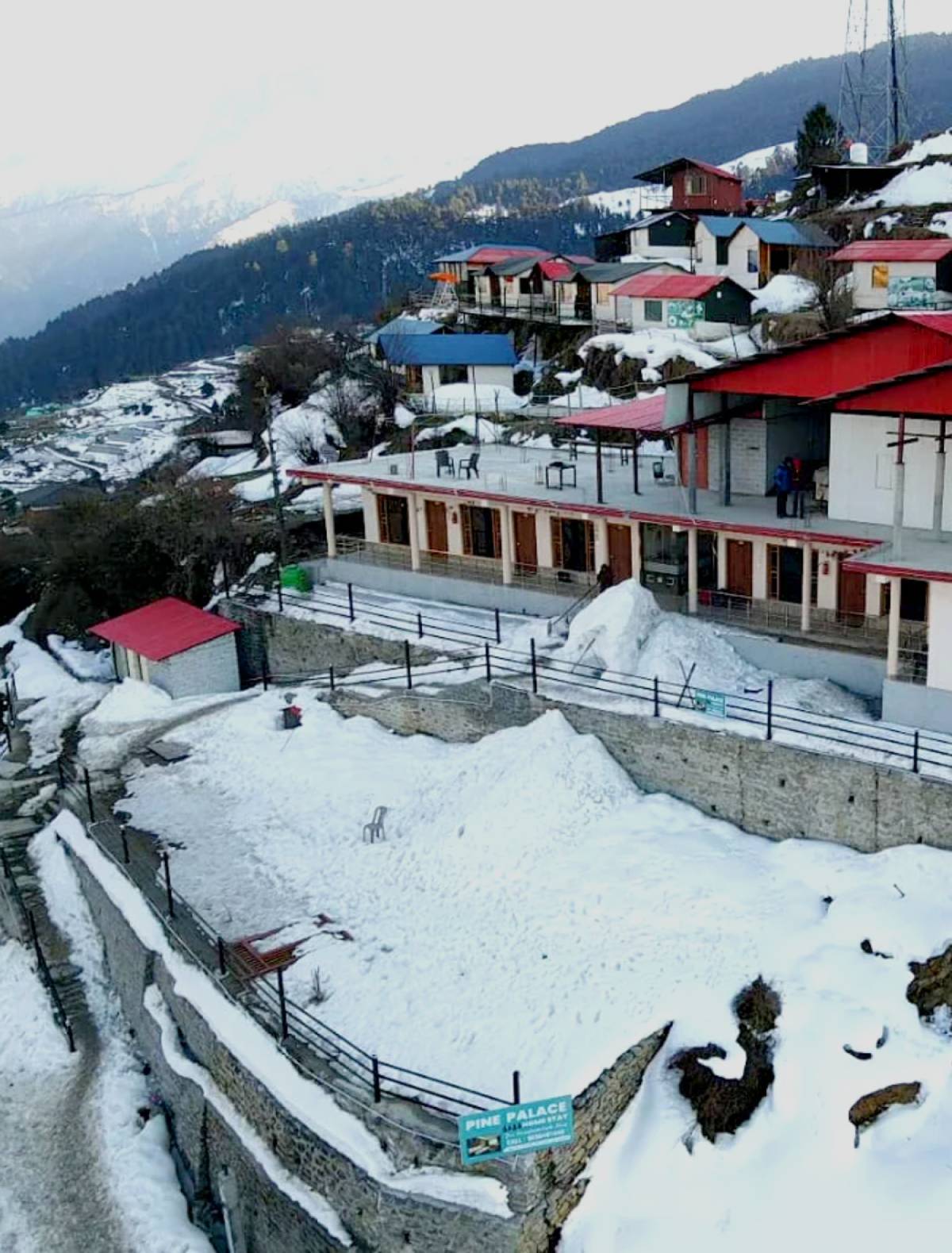 A snowy view of Pine Palace, the best homestay in Auli